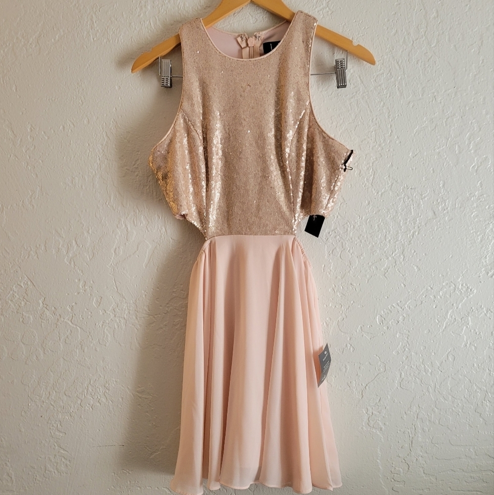 Lulu's Life Illuminated Matte Rose Gold Sequin Cutout Skater Dress Medium